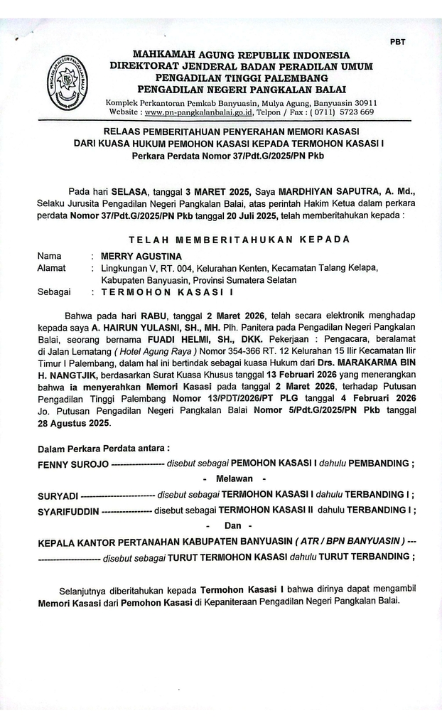 Relaas Pemberitahuan Penyerahan Memori Kasasi Melalui dari Kuasa Hukum Pemohon Kasasi Kepada Termohon Kasasi I Perkara Perdata Nomor  37_Pdt.G_2025_PN Pkb a.n. MERRY AGUSTINA  (1).jpg